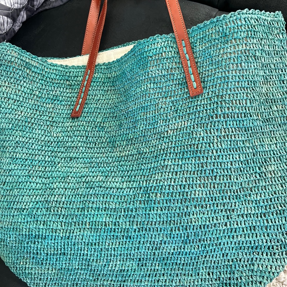 Mar Y Sol Green Portland Crocheted Raffia Carryall Tote Genuine Leather Handle